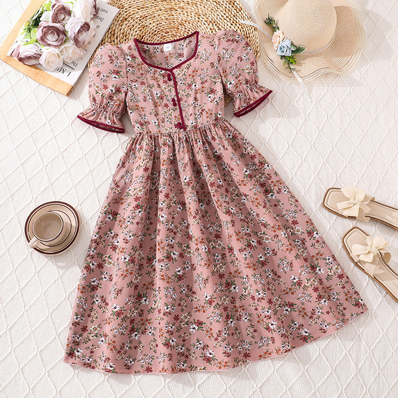 Summer girls' dress - new cross-border export style: french retro floral print, slim-fit, short-sleeve princess dress