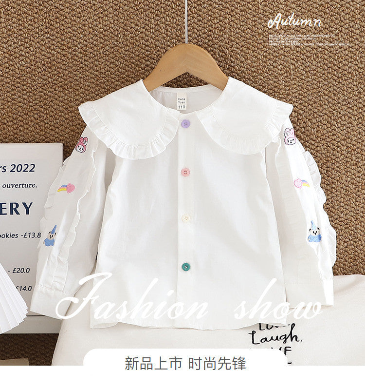 Baby girl autumn outfit doll collar shirt  new infant cartoon embroidery children's long sleeve doll collar top