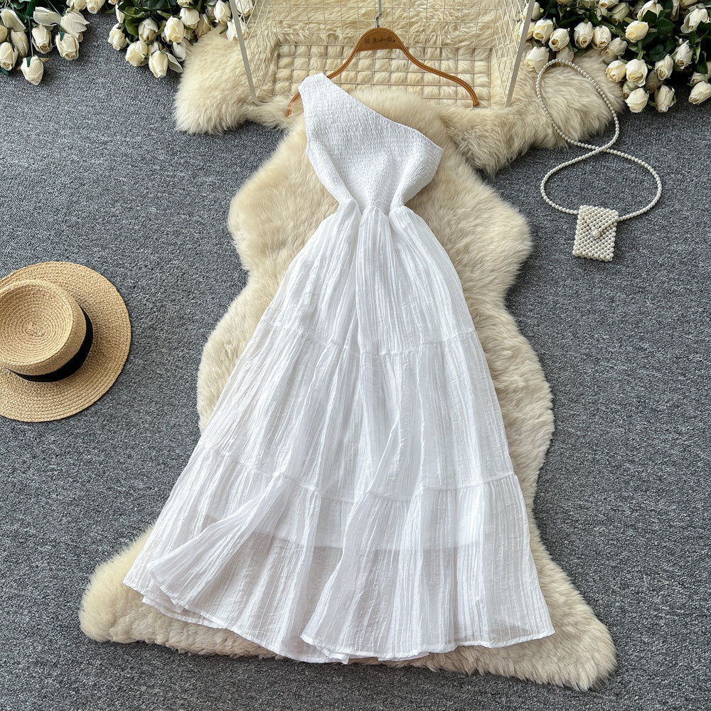 Accessible luxury socialite style sleeveless slanted shoulder silmdress women's summer pleated waist slimming look a-line skirtelegant dress