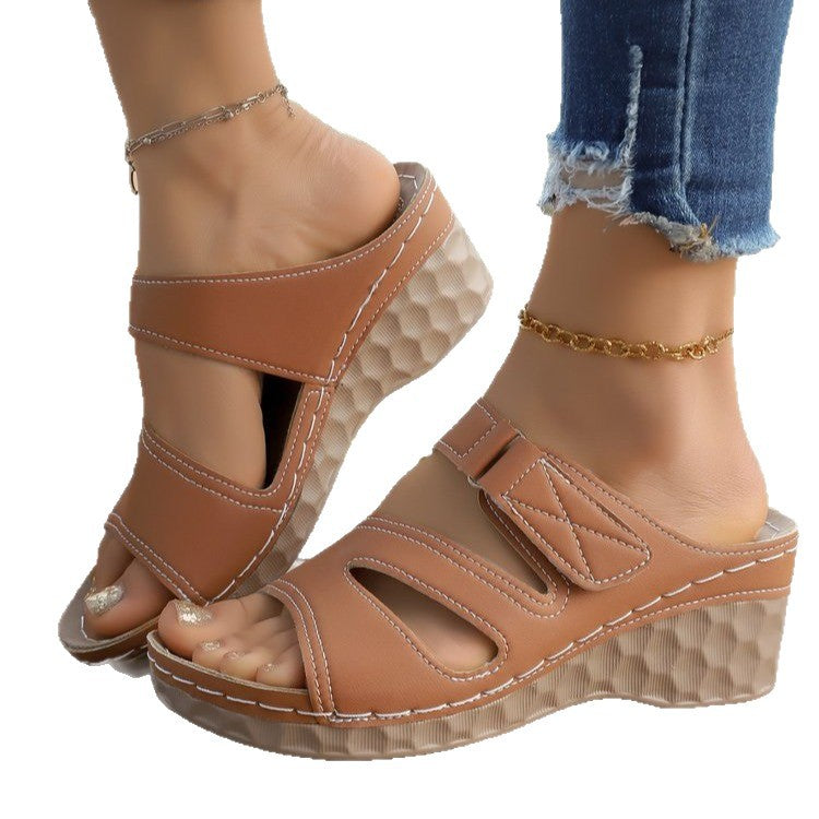 Plus sizeexportnew arrivalwomen's summer open toe outwear slippers thick sole wedge beach one-line plus size sandals