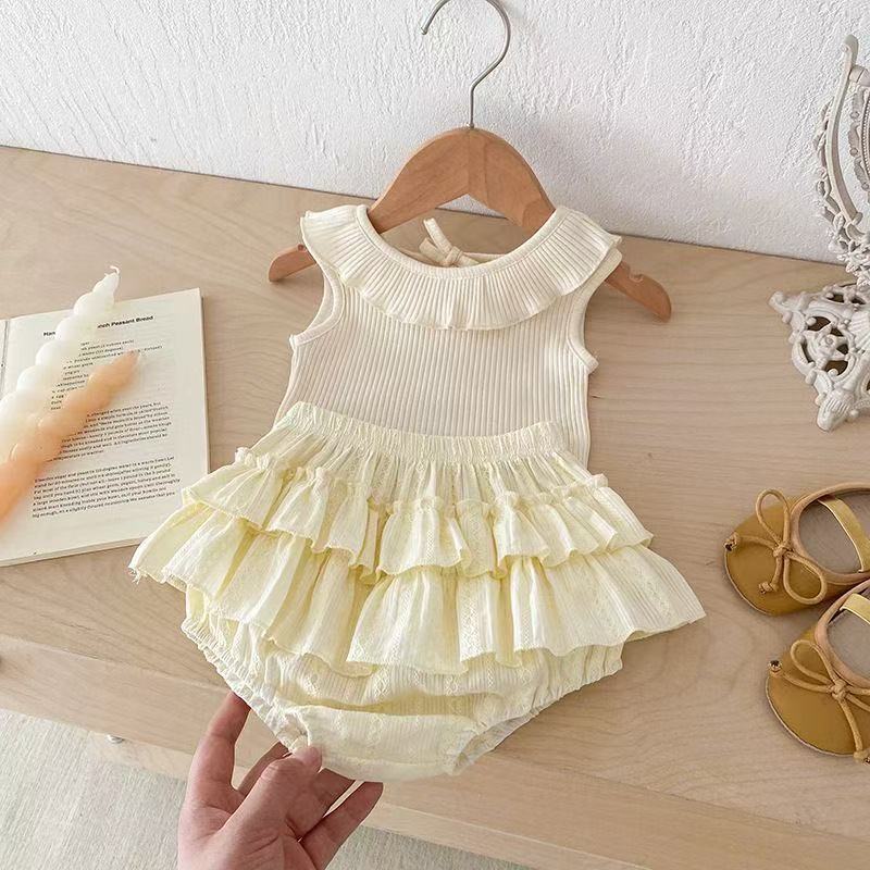 K-style vest sleeveless baby lotus leaf style tops baby princess two-piece set thin summer bag butt suit trendy