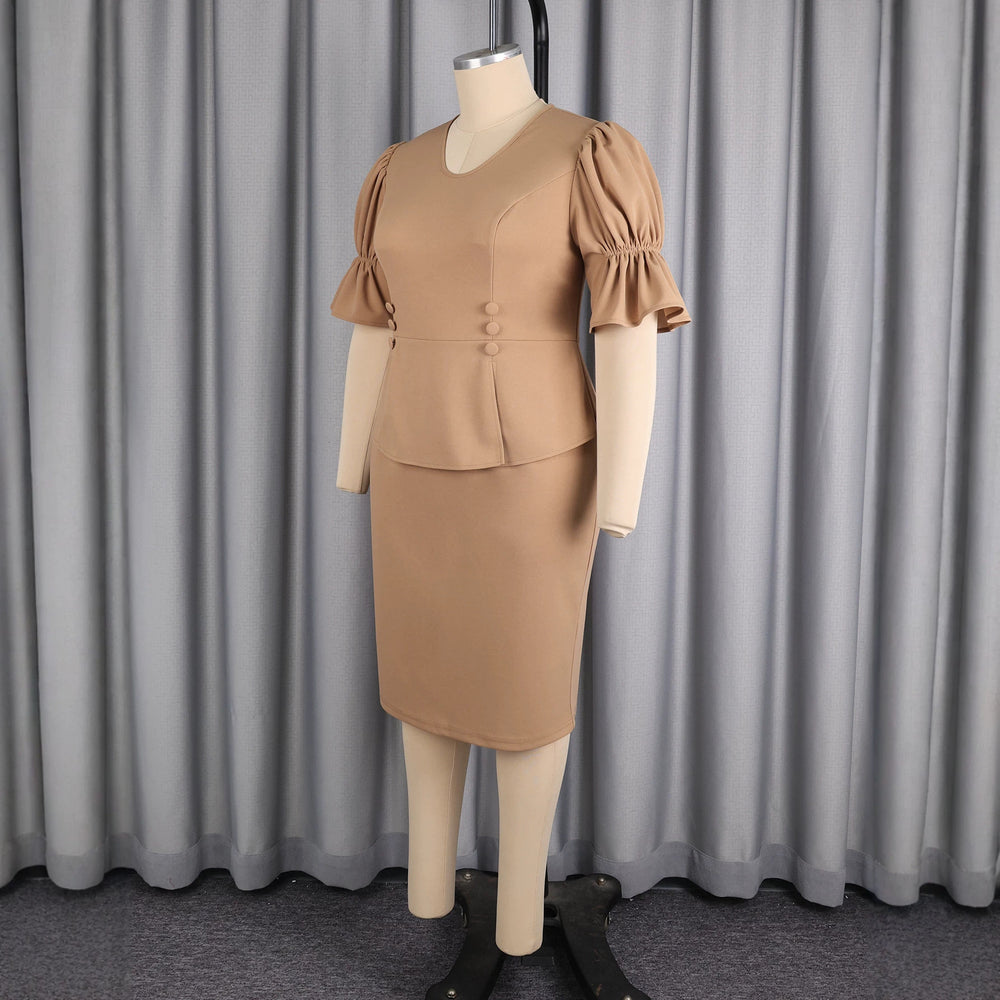summer new arrival: khaki short-sleeve a-line dress with ruffle trim and decorative buttons - slim-fit, bodycon, and perfect for work