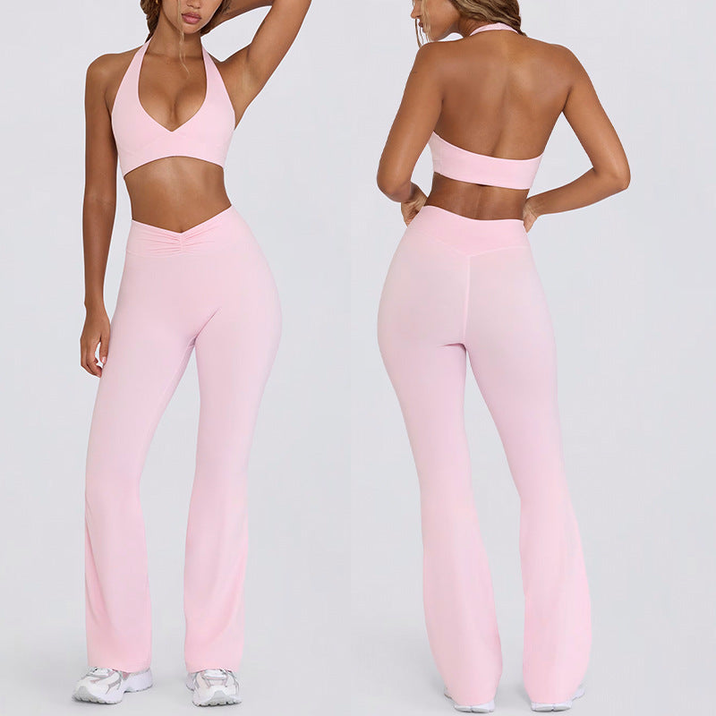 Sling backless nude back running halter sports intimates bra fitness flare pants yoga suit women