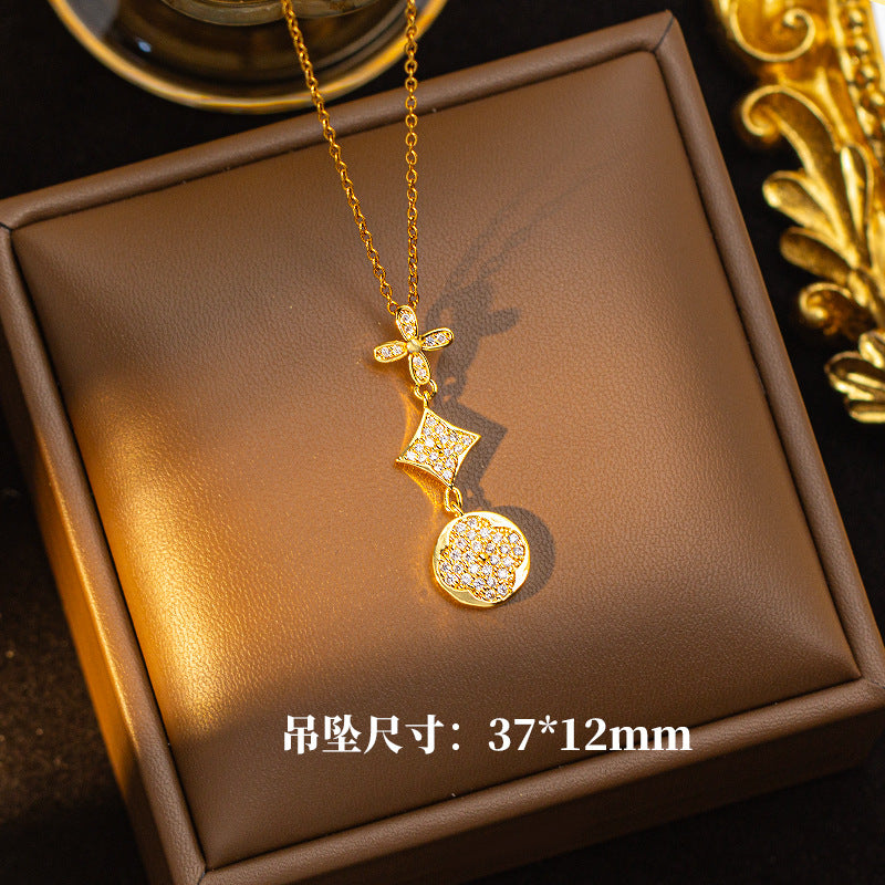 Copper inlaid zirconium four-leaf clover necklace for women, titanium steel real gold plating popularinsfashion flower exquisite sweater chain jewelry