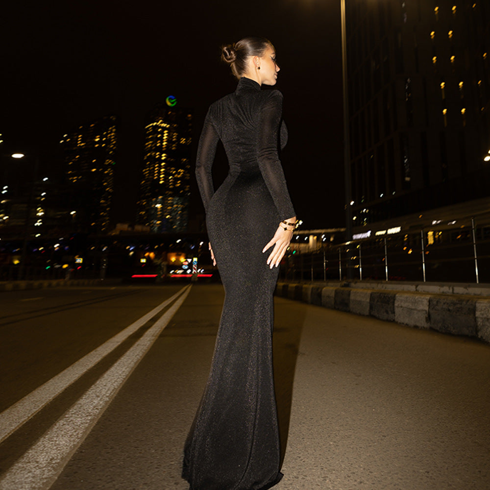 European and American  new women's elegant turtleneck fishtail dress  sexy round neck long-sleeved tight dress