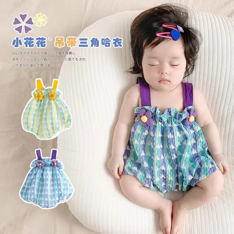Newborn infant summer new korean style chic baby girl 3d floral striped romper with lantern sleeves - trendy bodysuit