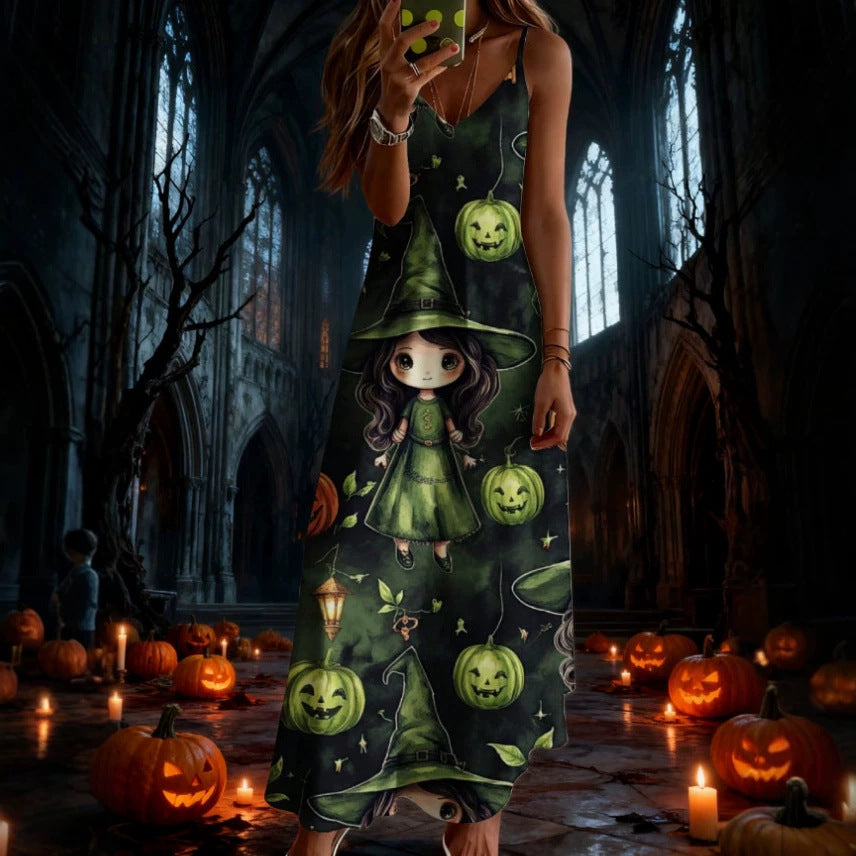 halloween pattern printing longdressv neckloose vacation suspender skirt