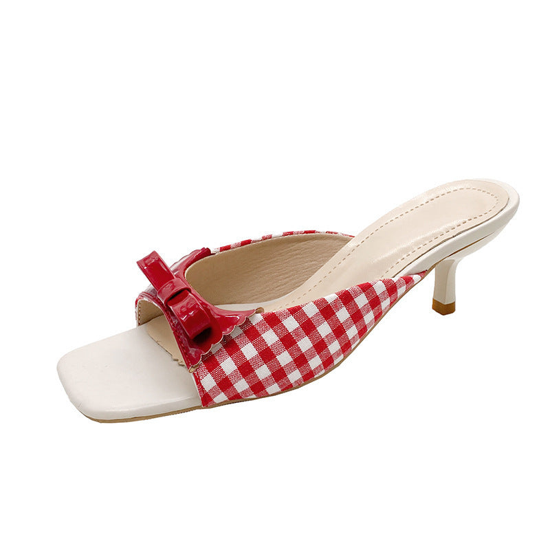 High-heeled sandals 2025 summer open-toed one-line high-heeled sandals square toe frenchplaidoutwear stiletto sandals
