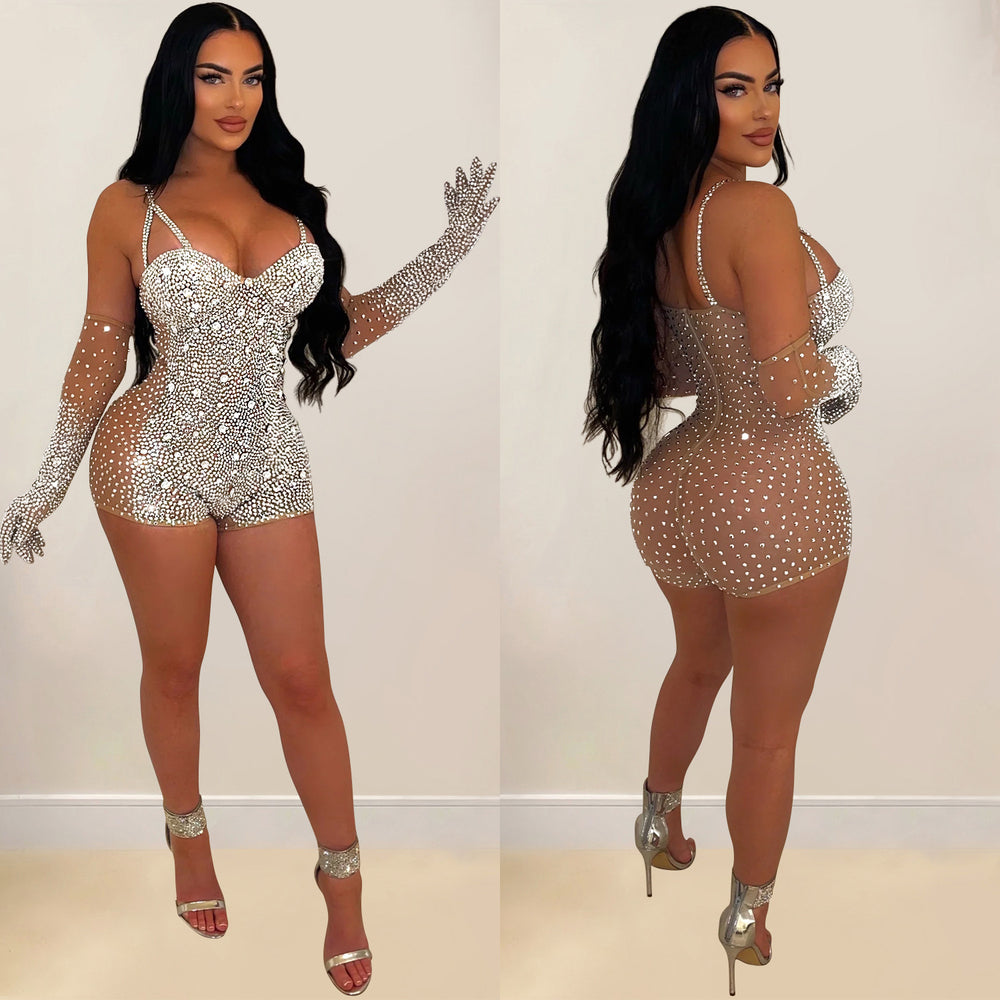C6902 cross-border   fashion women's solid color mesh rhinestone see-through shorts jumpsuit