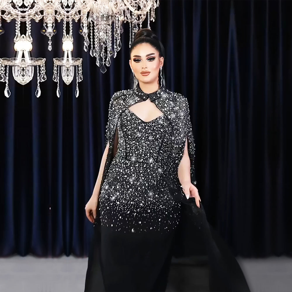 C7292 cross-border   fashion women's sexy rhinestone bodycon sheer cape dress