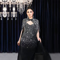 C7292 cross-border   fashion women's sexy rhinestone bodycon sheer cape dress
