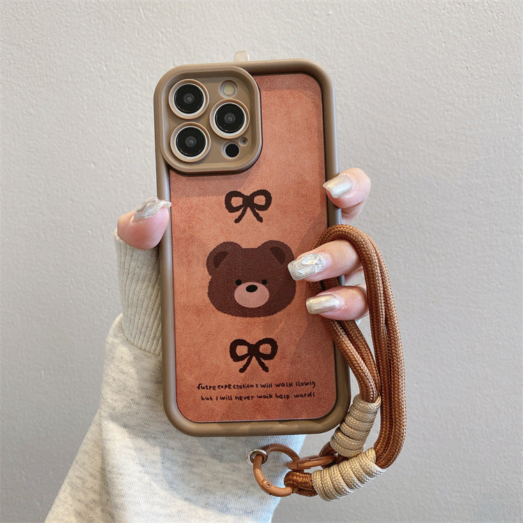 Autumn and winter high bamboo suitable for iphone18pro plaid bear mobile phone case apple 17/15 bear lanyard protective cover
