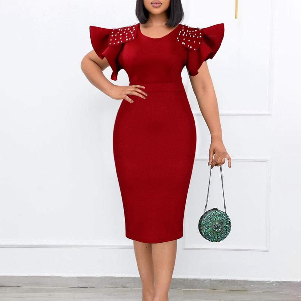 Plus size women's fashion: new  round neck ruffle sleeve slit beaded bodycon office lady dress - european & american style