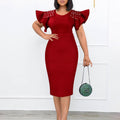 Plus size women's fashion: new  round neck ruffle sleeve slit beaded bodycon office lady dress - european & american style