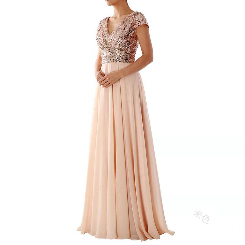 summer new arrival: women's foreign trade dress -  &  new v-neck sequin chiffon patchwork evening gown maxi dress