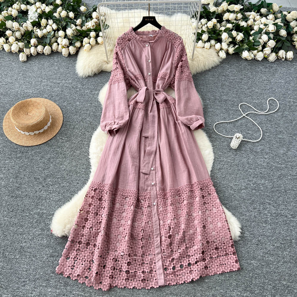 French retroelegancedress women's new arrivalclassy lacepatchwork strap waist elegant long skirt