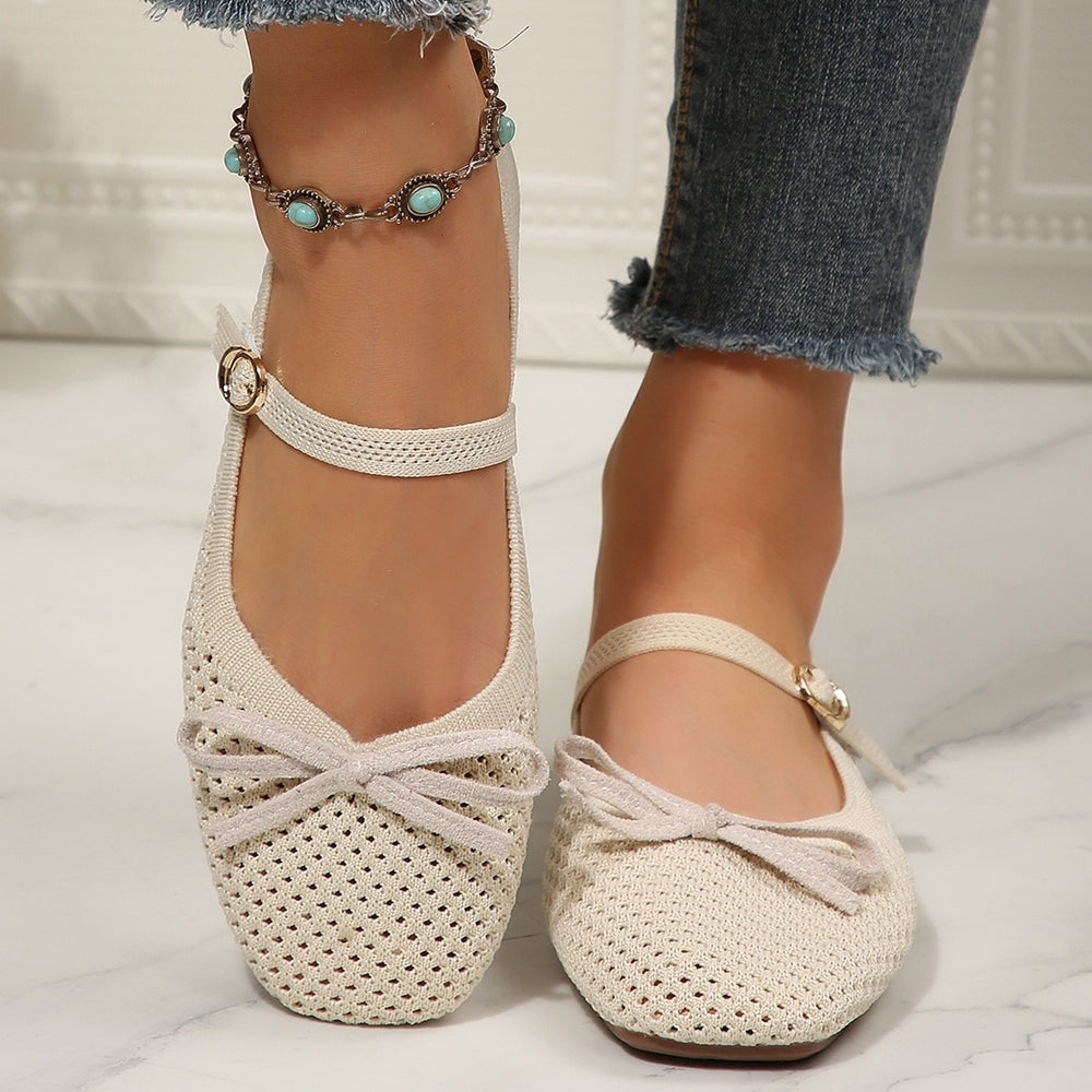 Wholesale women's spring  new mesh mary janes: flat, single-strap, buckle-back shoes with bow detail