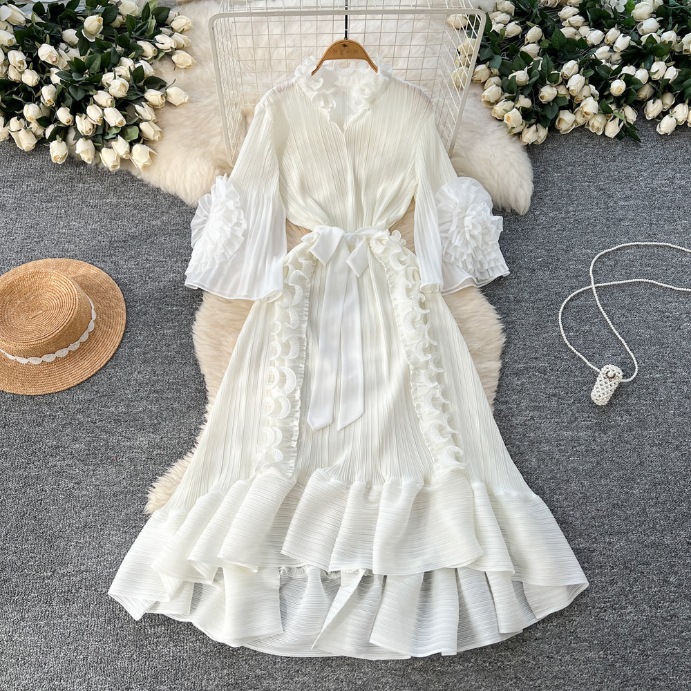 Miya european and american style dress - women's spring collection - high-end, 3d floral design, tie-waist, ruffle hem, pleated maxi dress