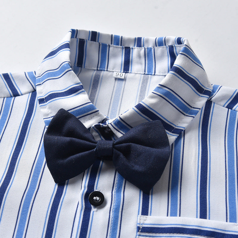 Wholesale children's spring/summer fashion set: trendy blue striped short-sleeve shirt and overalls two-piece outfit
