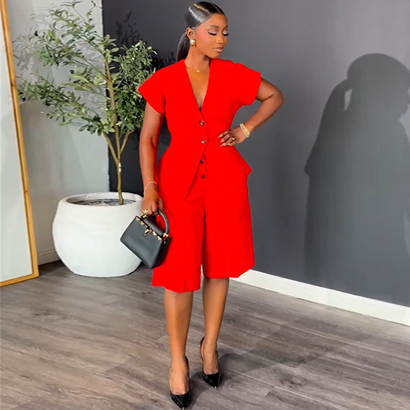 European and american cross-border women's fashion  autumn/winter new arrival: elegant v-neck sleeveless vest top and wide-leg cropped pants two-piece set