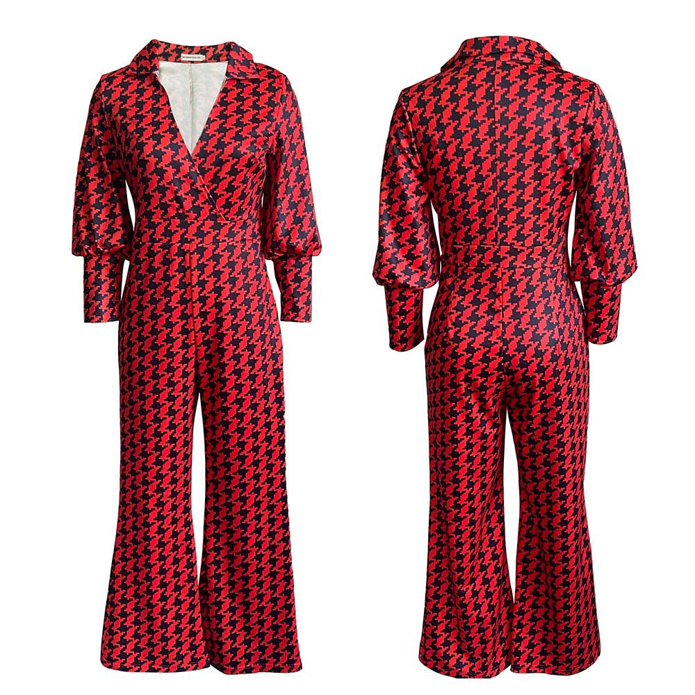 D177 european and american women's clothing independent station  spring loose elastic v neckstraight-leghigh waistelegant cross-border jumpsuit