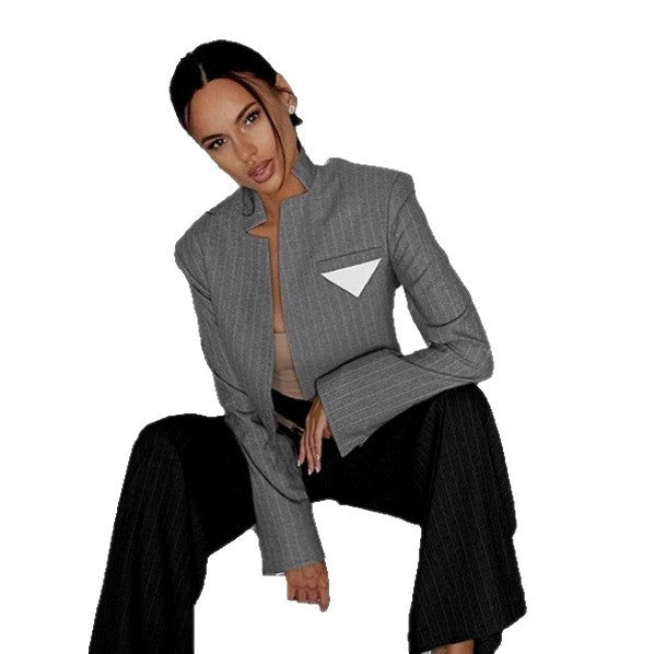 Old money wind striped stand-up collar small blazer women's 2025 autumn new British style short suit top women's clothing