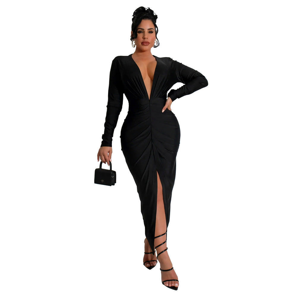 C7118 cross-border   fashion women's bodycon v-neck slit solid color dress - new arrival