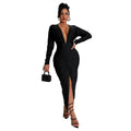 C7118 cross-border   fashion women's bodycon v-neck slit solid color dress - new arrival