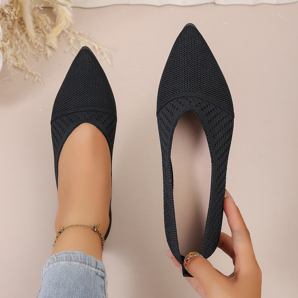 new pointed-toe knitted flats: women's solid color casual slip-on breathable flyknit all-season work shoes
