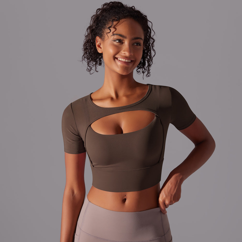 Classic solid color mesh panel sexy double-layer short sleeve cami bra top - running, fitness, and yoga activewear for women