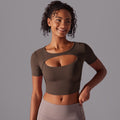 Classic solid color mesh panel sexy double-layer short sleeve cami bra top - running, fitness, and yoga activewear for women