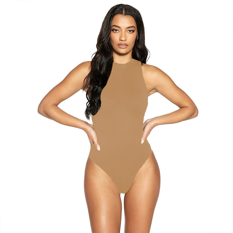 2025 Europe, America and summer  new women's clothing, sexy slim-fitting cotton threaded semi-turtleneck sleeveless vest onesie