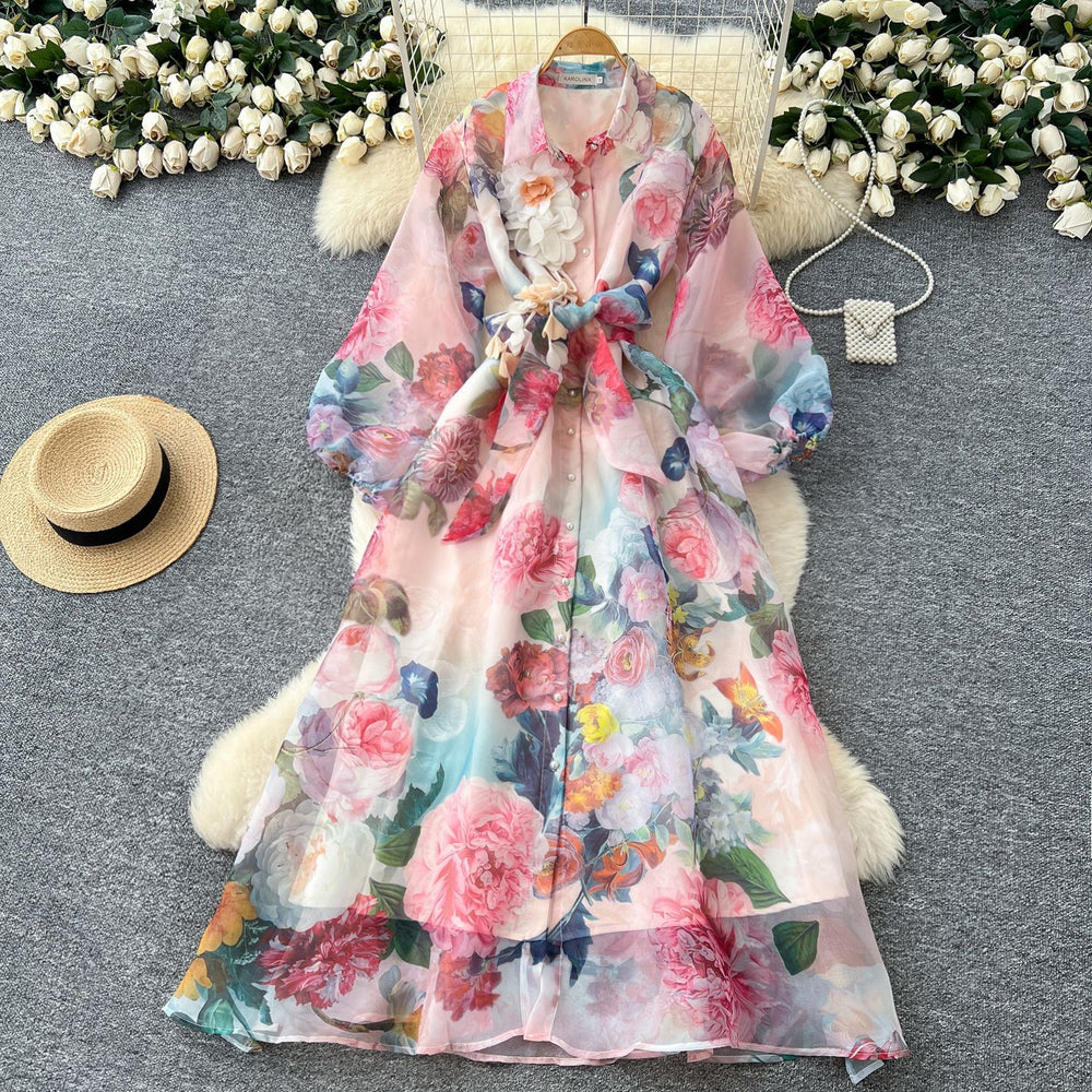 Vintage court style printed bubble sleeve dress - women's autumn tie-waist unique beautiful ethereal maxi dress