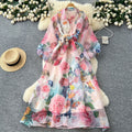 Vintage court style printed bubble sleeve dress - women's autumn tie-waist unique beautiful ethereal maxi dress