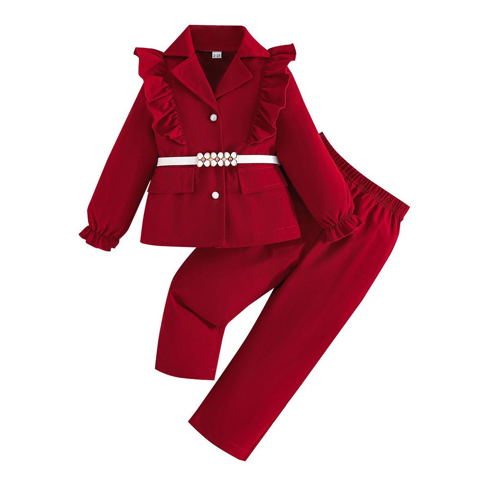 New girls' spring/autumn outfit: korean style ruffle trim blazer and pants two-piece set - trendy kids' fashion