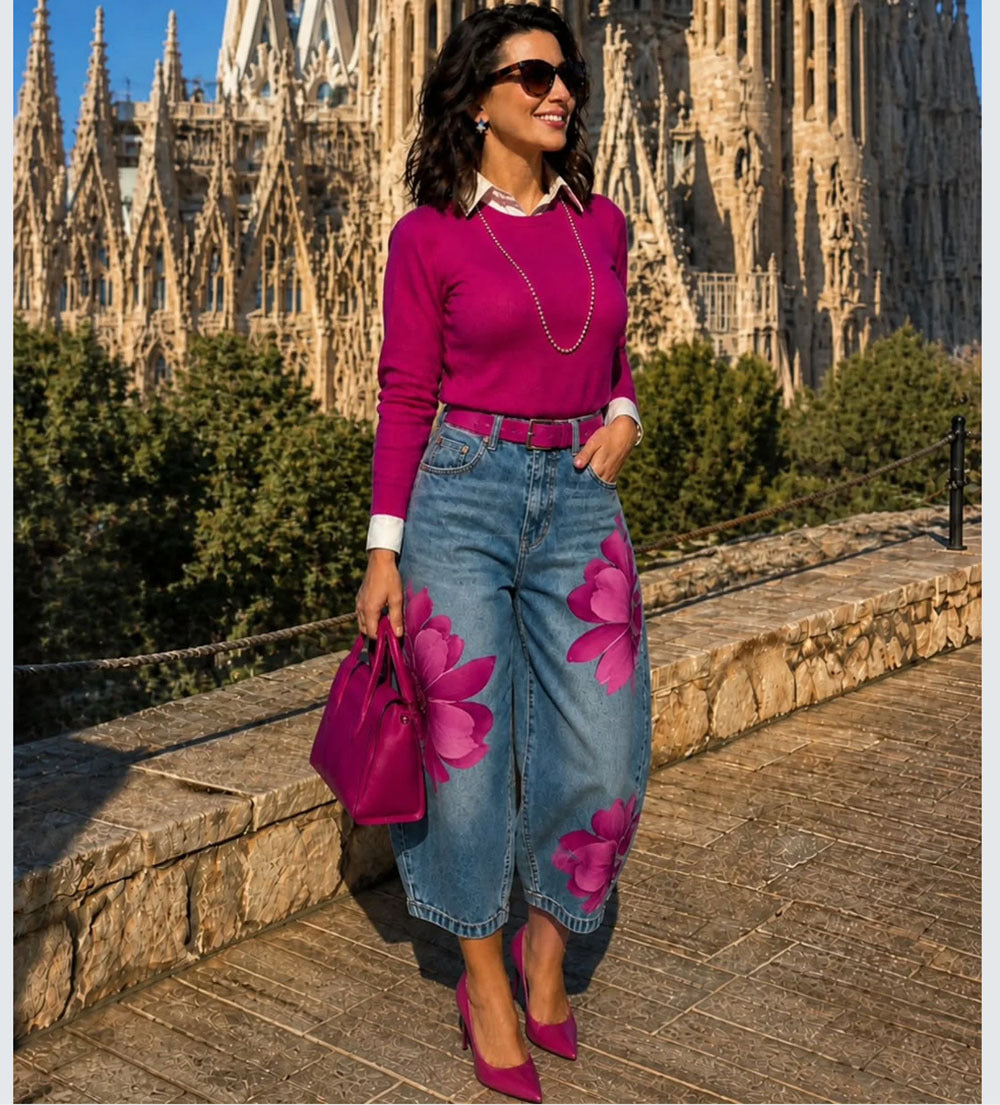 European and american style floral denim jeans - new women's streetwear fashion printed cropped pants for  cross-border e-commerce