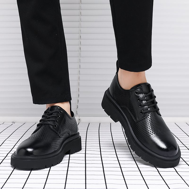 Thick sole leather shoesmencut out british soft leather business formal shoes big toe shoes low anklecasual wedding groom heightening shoes