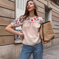 Amazon fashion cross-border women's clothing  spring and summer new french retro floral slimming look short sleeve shirt