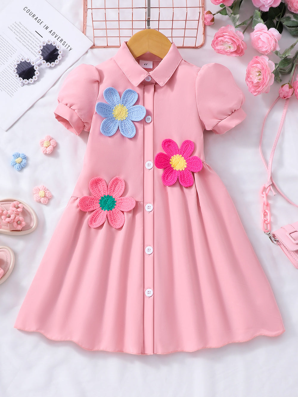 Girls' (toddler) dress, collared solid color dress with 3d floral appliqué