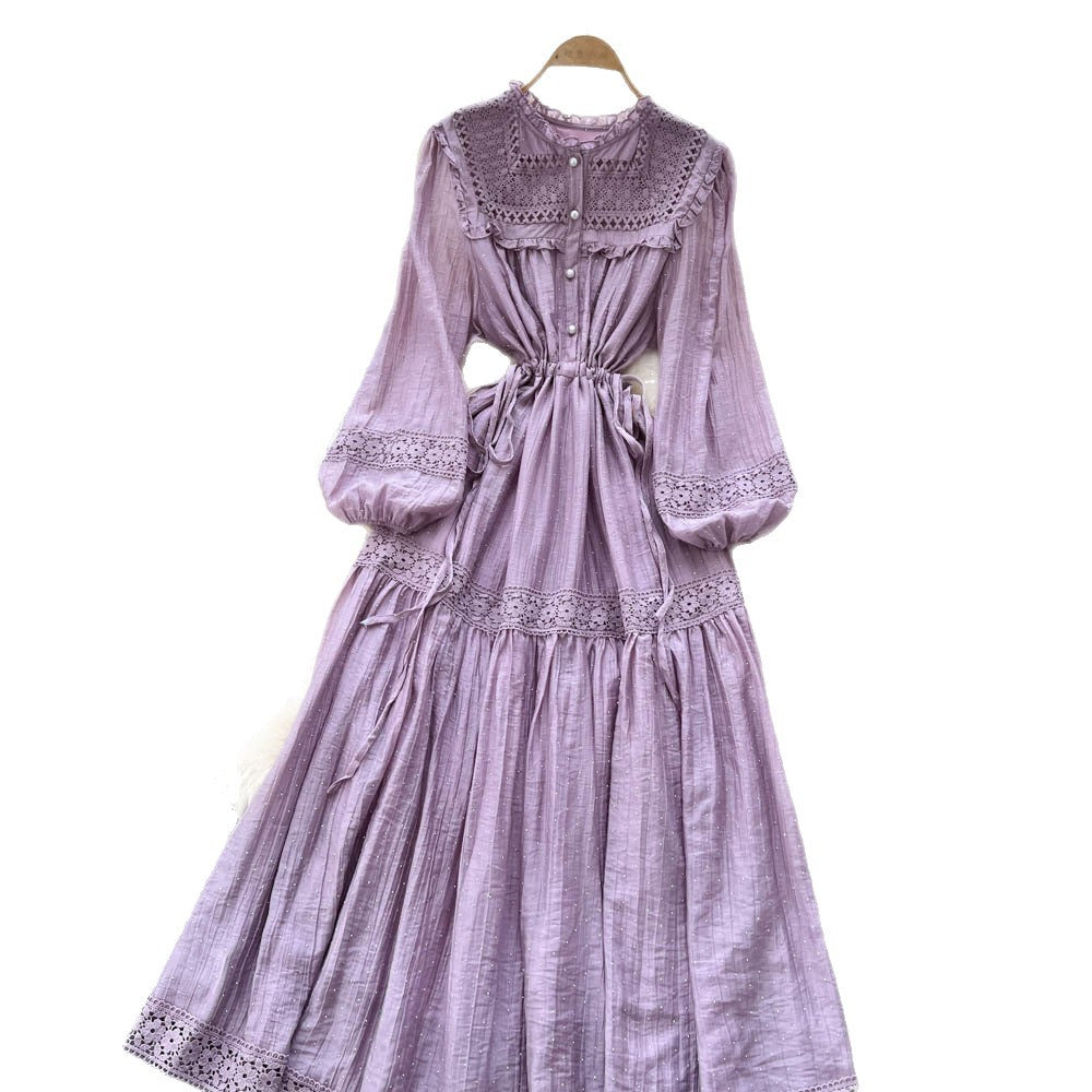 Autumn women's new dress : court-style lace patchwork, tie-waist, rhinestone embellished, flared french maxi dress