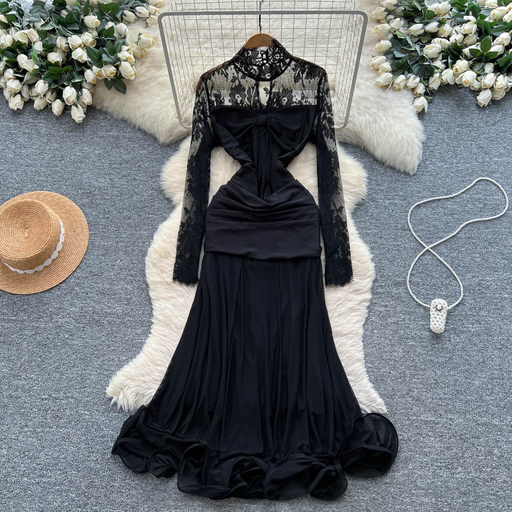 Elegant black formal dress for the modern woman: french-inspired lace, long sleeves, ruched waist, and flirty ruffle hem