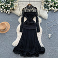 Elegant black formal dress for the modern woman: french-inspired lace, long sleeves, ruched waist, and flirty ruffle hem