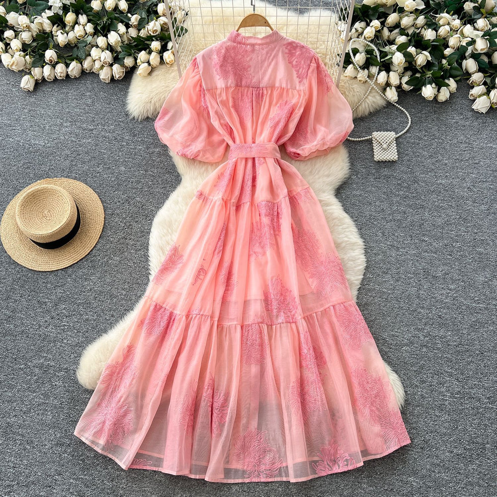 Palace style classy heavy industry embroider puff sleeve dress female summerfrench strap waist single breasted long skirt