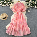 Palace style classy heavy industry embroider puff sleeve dress female summerfrench strap waist single breasted long skirt