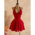 Women's summer fashion casual solid color halter backless asymmetrical hem mini dress (waist chain not included)