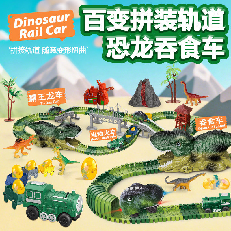 hot-selling electric dinosaur track car diy versatile assembly building educational roller coaster tunnel toy wholesale