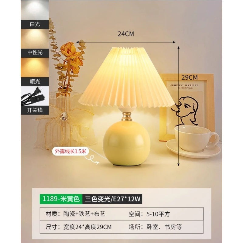 Table lamp bedside lamp pleated girl bedroom night lamp Nordic Internet celebrity ins decorative ceramic atmosphere lamp 1