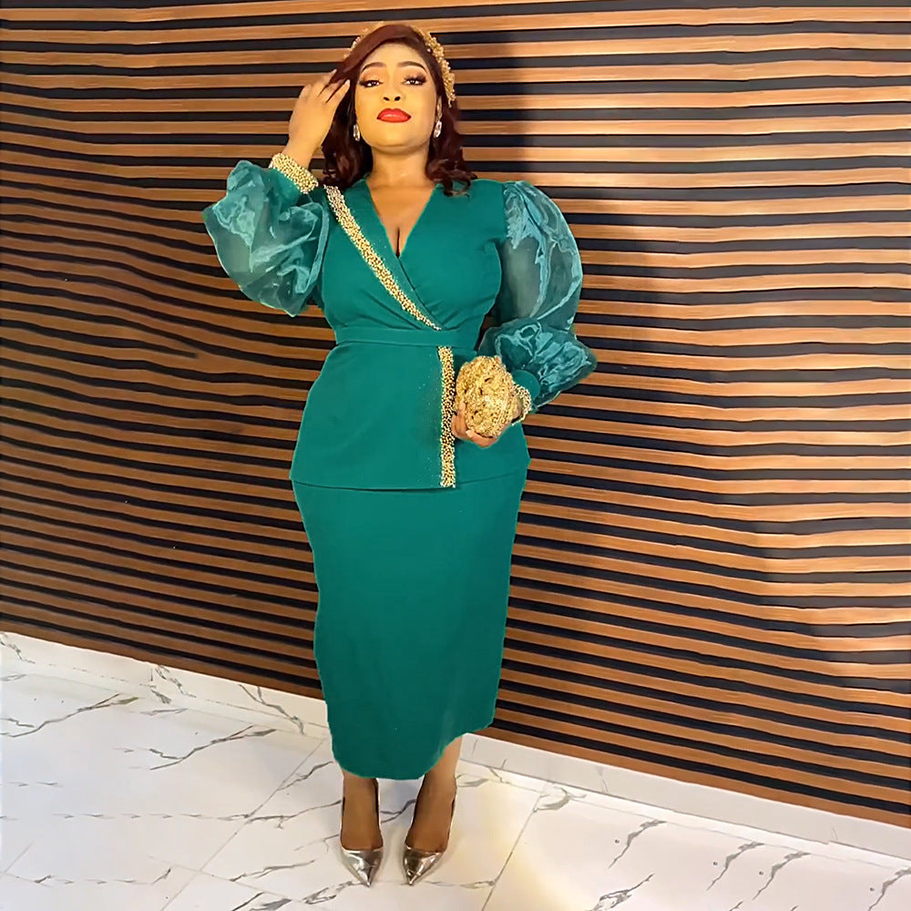 African cross-border e-commerce ol commute organza dress european and american  women's two-piece set pencil skirt