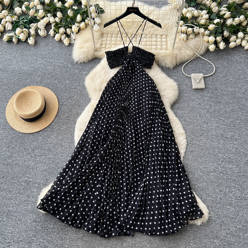 French polka dot suspender sexy backless dress women's korean style black v neck waist slimming look long skirt classy sense