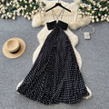 French polka dot suspender sexy backless dress women's korean style black v neck waist slimming look long skirt classy sense